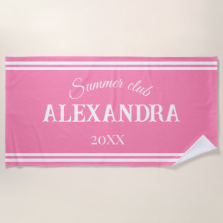 Serviette De Plage Rose Prépa Rayure Blanche Personnalisé Nom Plage