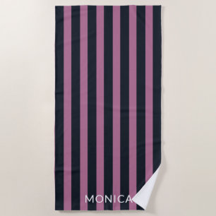 Serviette De Plage rose rayé nom personnalisé marine