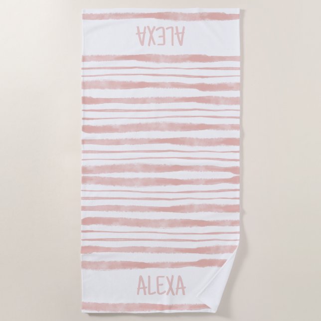 Serviette de plage rose rayée personnalisée (Devant)