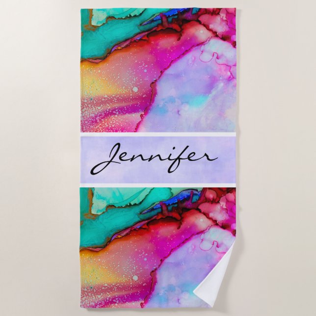Serviette De Plage Rose violetMarbre turquoise Aquarelle Abstraite (Devant)
