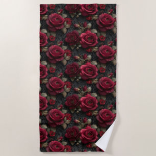 Serviette De Plage Roses et bourgeons rouges romantiques foncés sur d