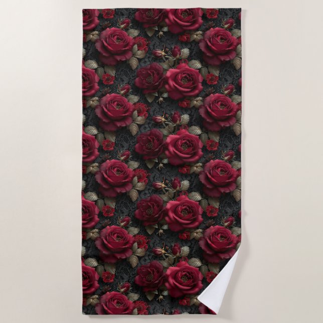 Serviette De Plage Roses et bourgeons rouges romantiques foncés sur d (Devant)