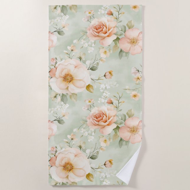 Serviette De Plage Roses Fleuris Jolies de Menthe de Pêche Romantique (Devant)