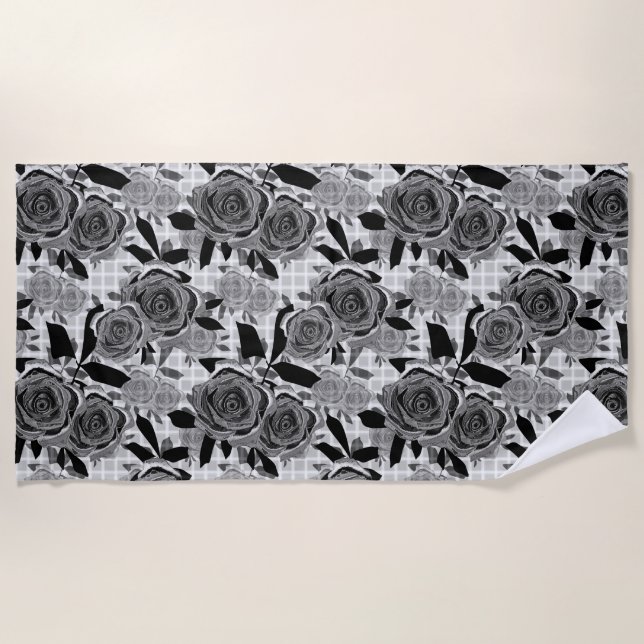 Serviette De Plage Roses noirs, rose, noirs et gris (Devant)
