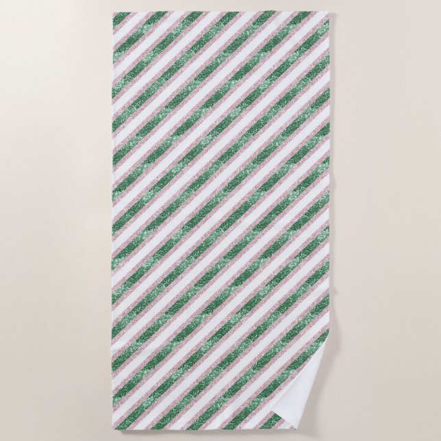 Serviette De Plage Roses Roses Vert Pailleté Rayures   (Devant)