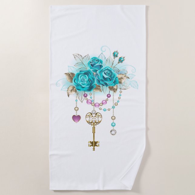 Serviette De Plage Roses turquoise avec touches (Devant)