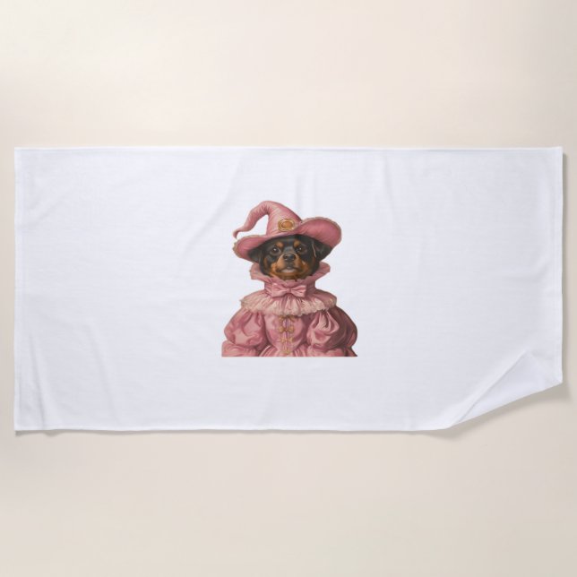 Serviette De Plage Rottweiler Chiot habillé en sorcière rose - Cute H (Devant)