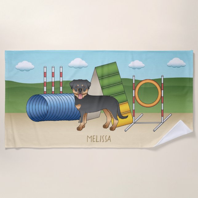 Serviette De Plage Rottweiler noir et feu avec équipement d'agilité (Devant)