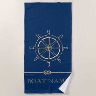 Serviette De Plage Roue de bateau en or nautique, bleu marine