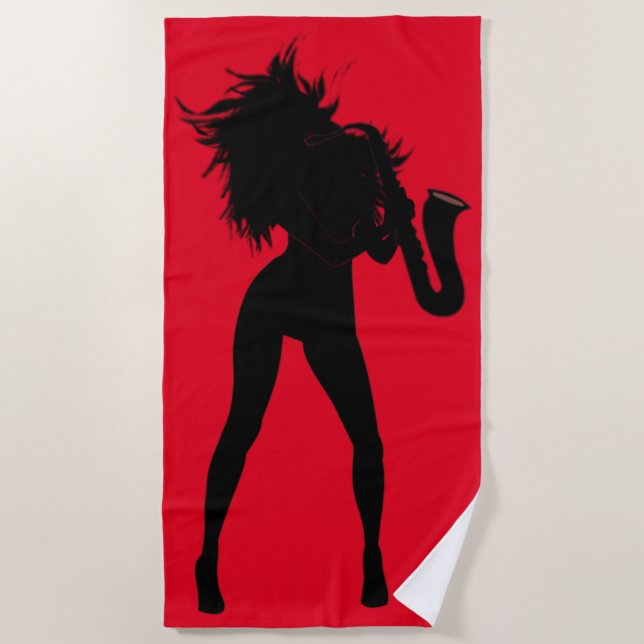 Serviette de plage rouge avec femme saxophoniste (Devant)