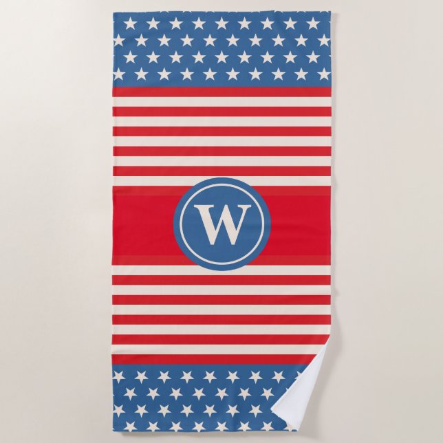 Serviette De Plage Rouge Blanc Bleu Customisé Monogram Beach Serviett (Devant)