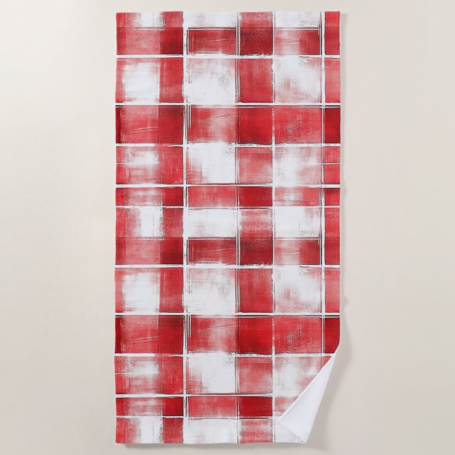 Serviette De Plage Rouge Blanc Carreaux Rayures   (Devant)