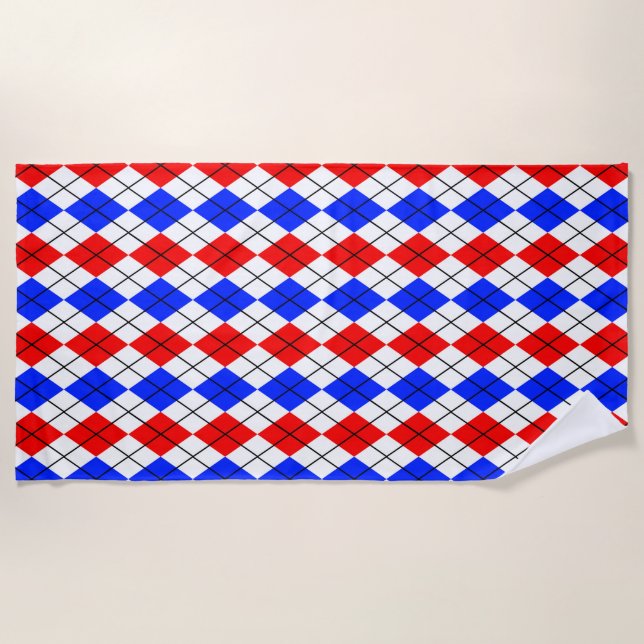 Serviette De Plage Rouge Bleu Blanc Jacquard Diamant Motif Design (Devant)