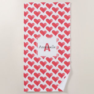 Serviette De Plage Rouge de monogramme personnalisé par motif de