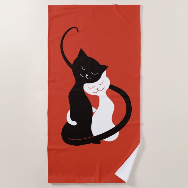 Serviette De Plage Rouge étreignant des chats d'amour (Devant)