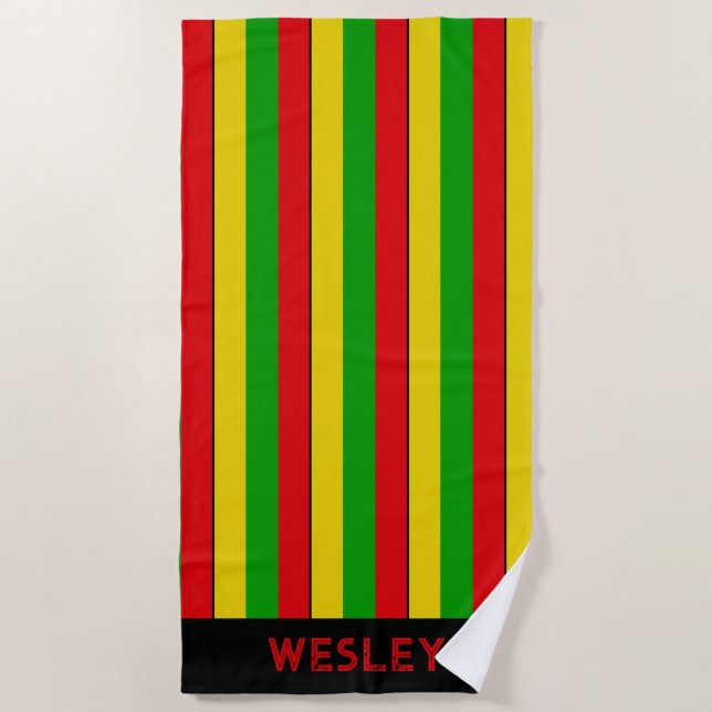 Serviette De Plage Rouge Jaune et Vert Rayé Rasta (Devant)