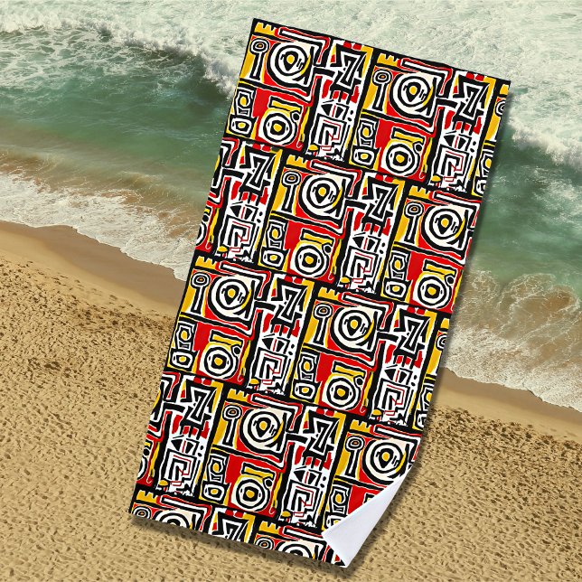 Serviette De Plage Rouge Jaune Noir Abstrait Africain Tribal Géométri (Créateur téléchargé)