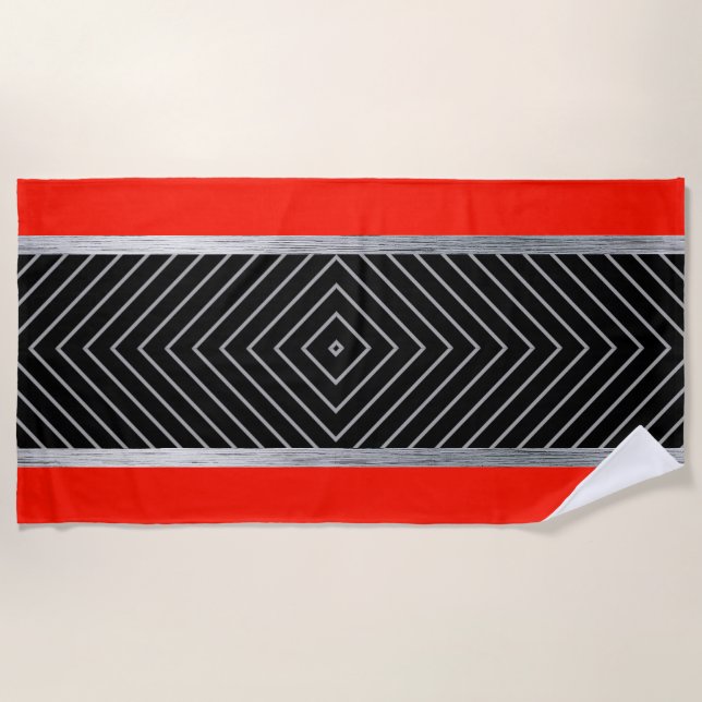 Serviette De Plage Rouge, noir, argent et rayure blanche  (Devant)