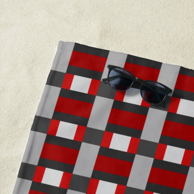 Serviette De Plage Rouge Noir Et Gris Impression De Bloc De Couleur (En situation)