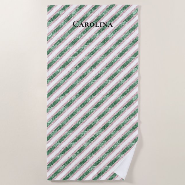 Serviette De Plage Rouge pâle Vert Paillettes Rayures   (Devant)