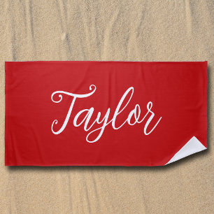 Serviette De Plage Rouge vif chic personnalisé écriture manuscrite