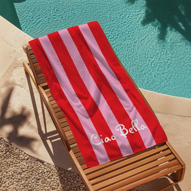 Serviette De Plage Rouges Clair et Rayures Roses | Ciao Bella (Créateur téléchargé)