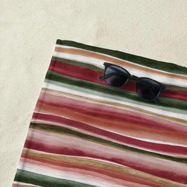 Serviette De Plage Rouges Vertes Blush Rayures Blanches  (En situation)