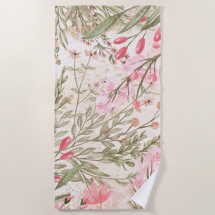 Serviette De Plage Rougissent l'aquarelle de corail rose de vert