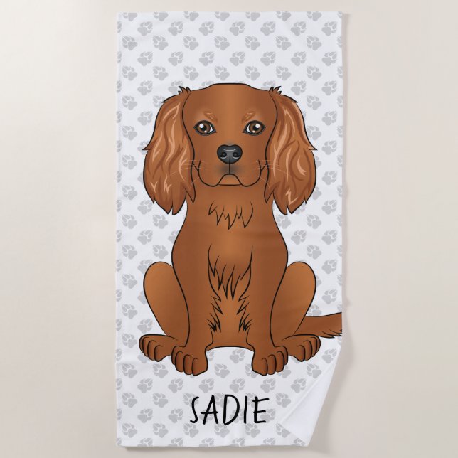 Serviette De Plage Ruby Cavalier King Charles Spaniel & Nom (Devant)