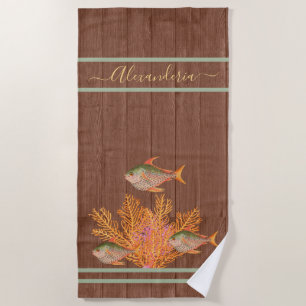 Serviette De Plage Rustic Beach Tropical Poisson Sage Vert Coral rose