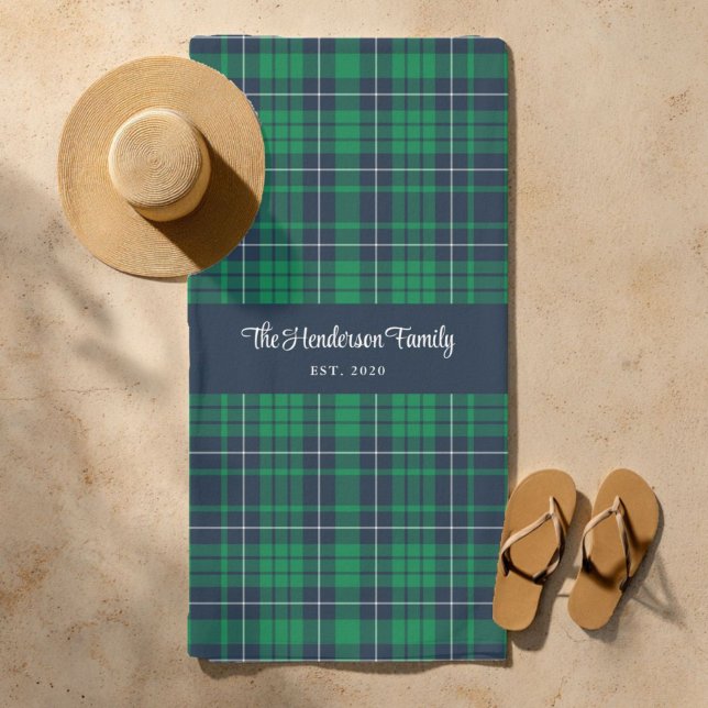 Serviette De Plage Rustic Green Blue Nom de famille Plaid (Rustic Green Blue Plaid Family Name Beach Towel)