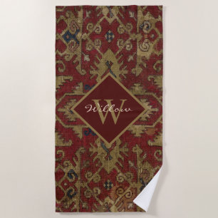 Serviette De Plage Rustique Monogramme Oriental Perse Motif rouge
