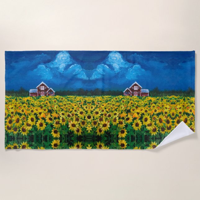Serviette De Plage rustique pays de l'ouest grenier rouge tournesol (Devant)