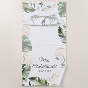 Serviette De Plage Safari Palm Feuilles Newlyweds Script Mme.