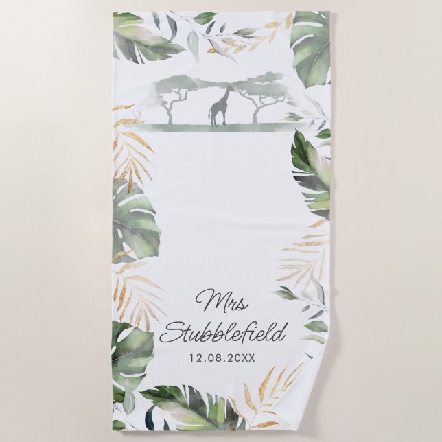 Serviette De Plage Safari Palm Feuilles Newlyweds Script Mme. (Devant)