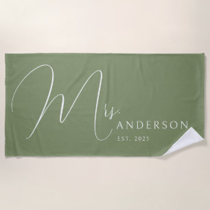 Serviette De Plage Sage Green Newlywed Personnalized Honeymoon