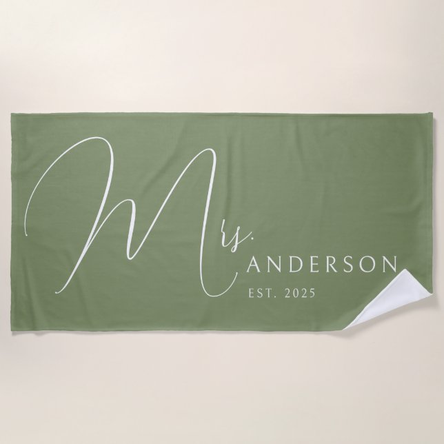 Serviette De Plage Sage Green Newlywed Personnalized Honeymoon (Devant)