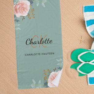Serviette De Plage Sage vert rose or florales monogramme initiales