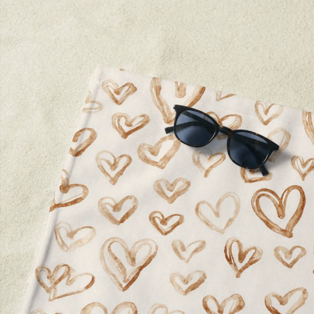 Serviette De Plage Saint-Valentin Cœurs Marrons Crème (En situation)