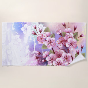 Serviette De Plage Sakura rose sur la peinture Arrière - plan