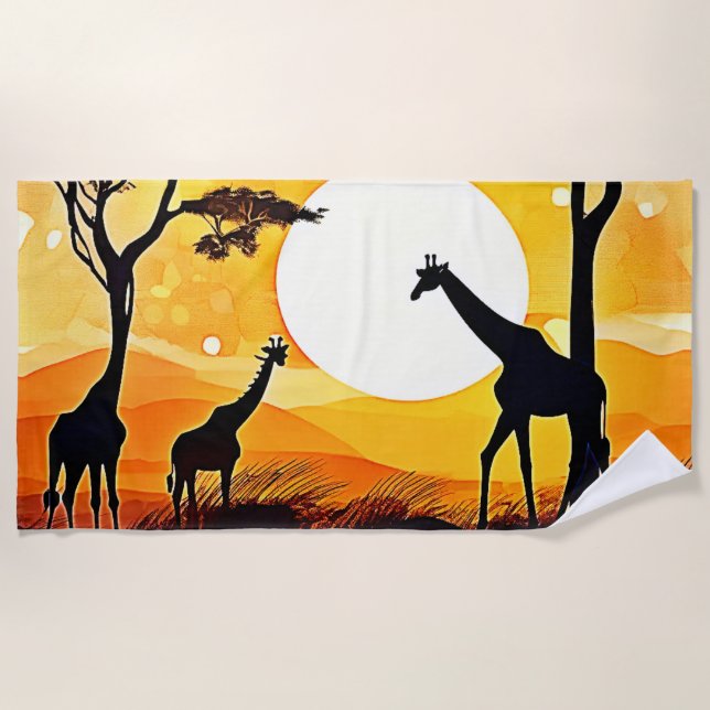 Serviette De Plage Scène de girafe au coucher du soleil de Savannah e (Devant)
