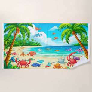 Serviette De Plage Scène de plage tropicale colorée avec des animaux 