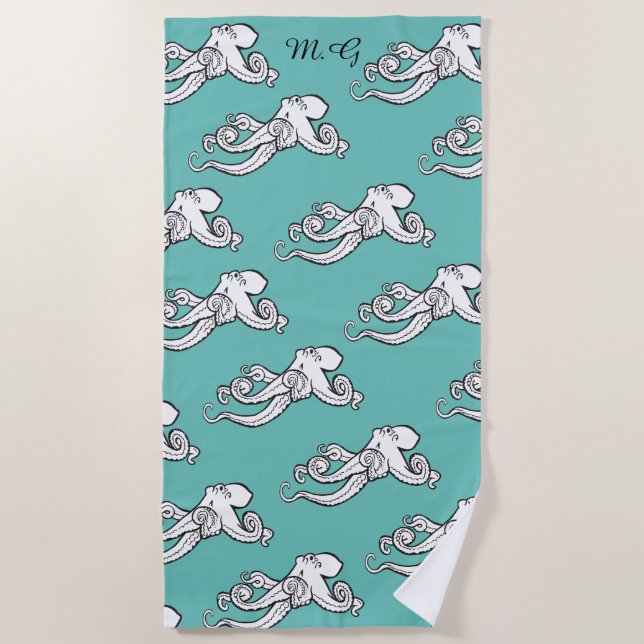 Serviette De Plage Scènes de pieuvre curieux Motif Turquoise Monogram (Devant)