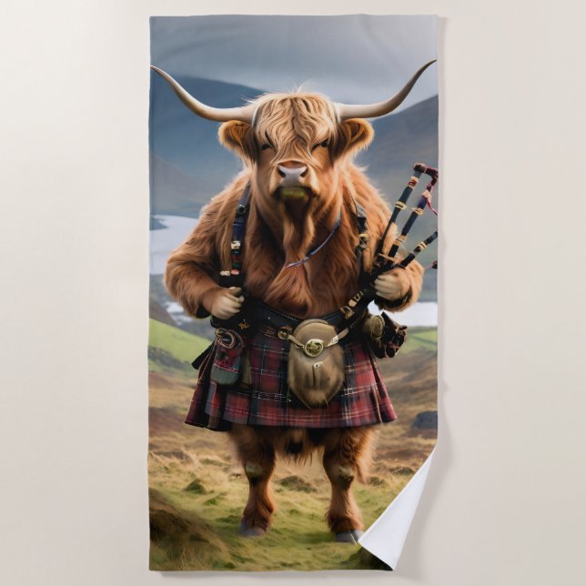 Serviette De Plage Scottish Highland Cow Bagpiper, (Devant)