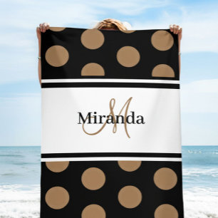 Serviette De Plage Script de bande blanche noire Monogramme Pointe Po