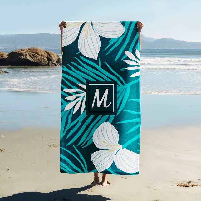 Serviette De Plage Script de fleurs tropicales Monogram Beach Towne (Créateur téléchargé)