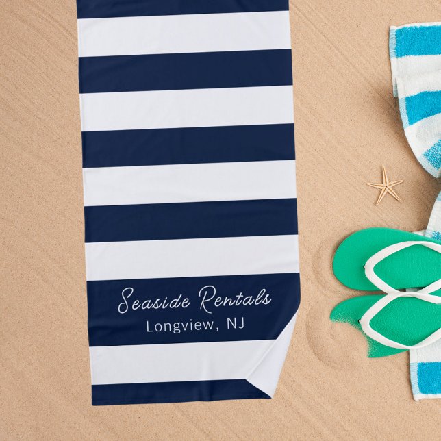 Serviette De Plage Script de nom de la bande blanche bleue marine (Créateur téléchargé)