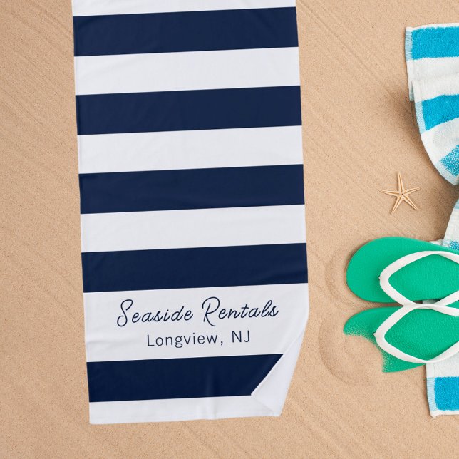 Serviette De Plage Script de nom de la bande blanche bleue marine (Créateur téléchargé)