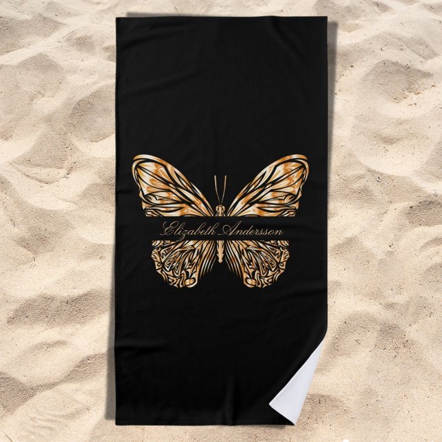 Serviette De Plage Script de nom de papillon en or noir (Créateur téléchargé)