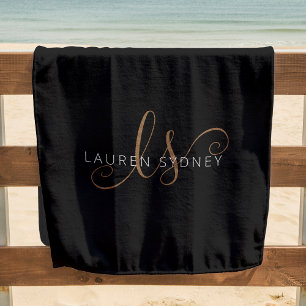 Serviette De Plage Script féminin Black Gold moderne Monogramme